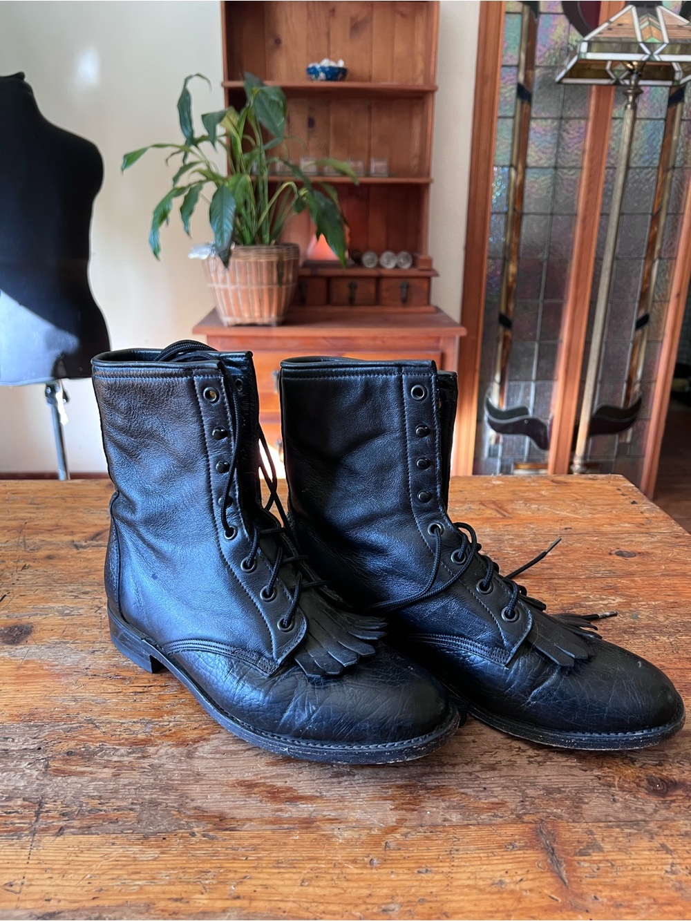 Laredo Black Lace-Up Women's Leather Boots with Kiltie Fringe